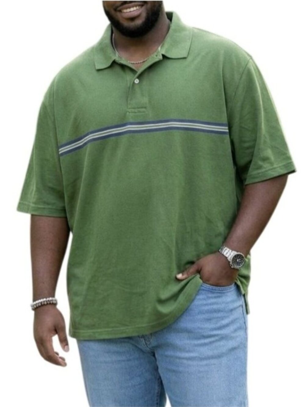 St Johns Bay Mens Size XXL Polo Shirt Green Yarn Dye Striped Pique